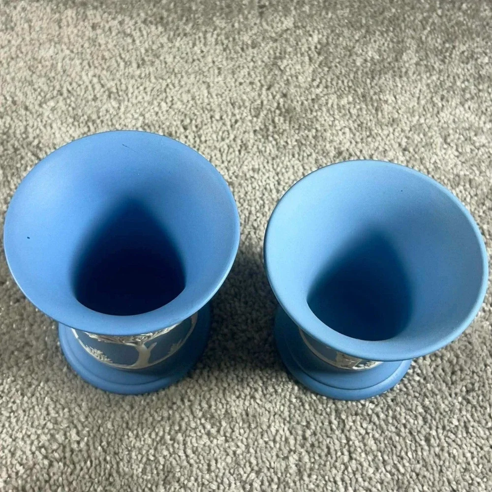 Wedgwood Jasperware Vases Blue White Neoclassical Trumpet Pair England